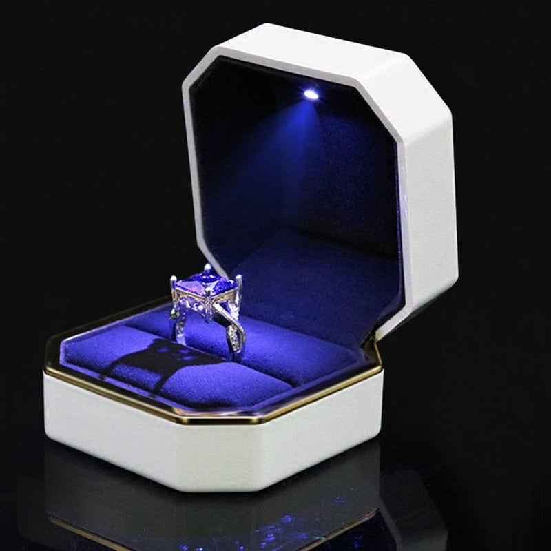AVESON Luxury Ring Box, Square Velvet Wedding Ring Case Jewelry Gift Box with LED Light for Proposal Engagement Wedding, White - Image 5